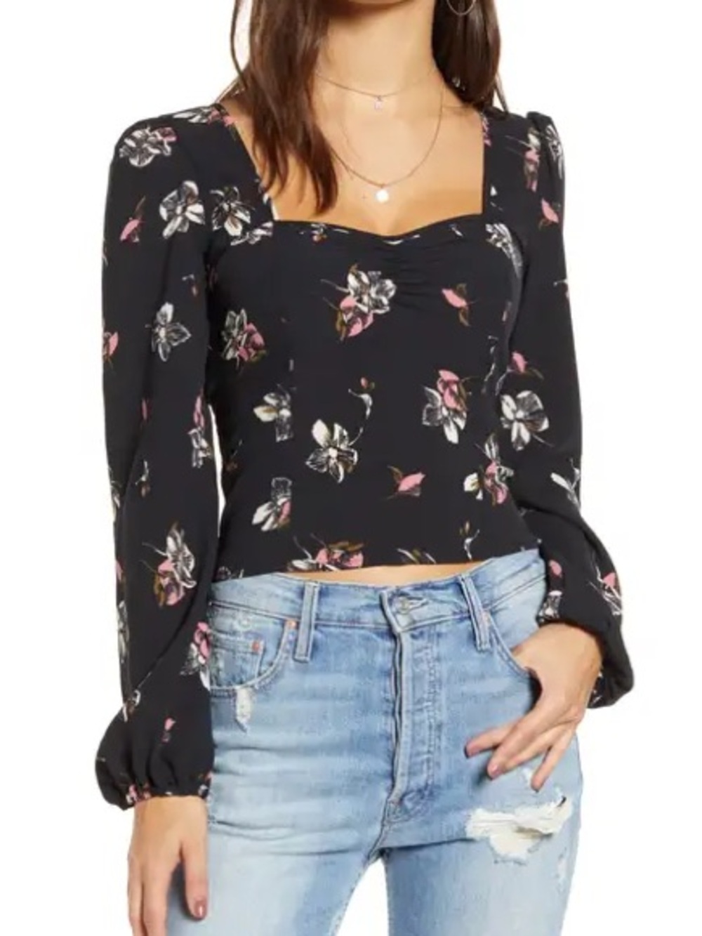 New w/ Tag- Wayf Floral Long Sleeve Top - Black